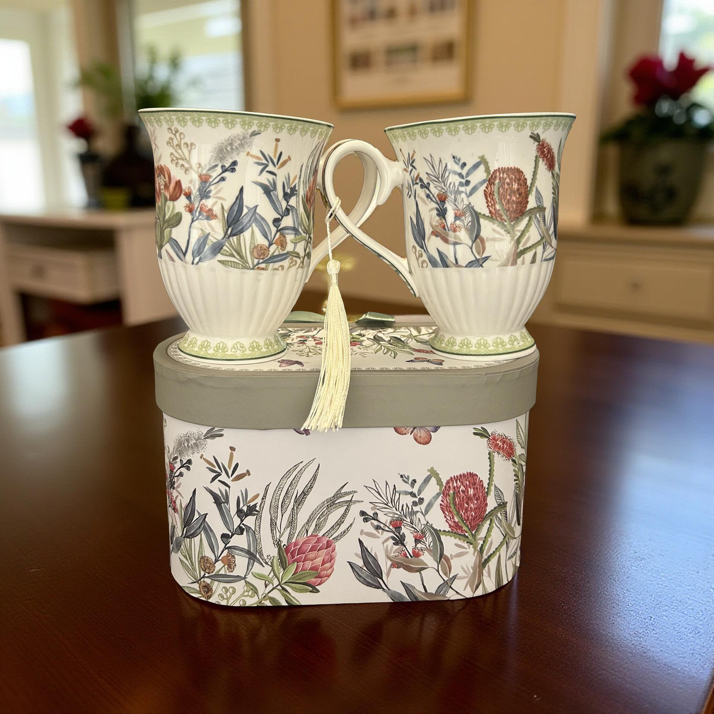 Botanical Floral Ceramic Mug Set with Gift Box - 2 Piece Set