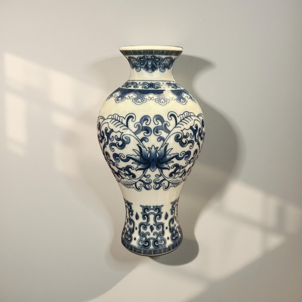 Blue and White Ceramic Small Wall Vase with Floral Oriental Design