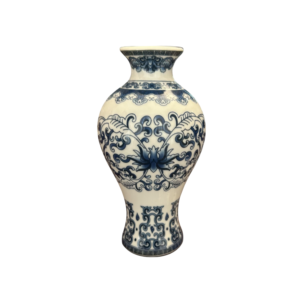 Blue and White Ceramic Small Wall Vase with Floral Oriental Design