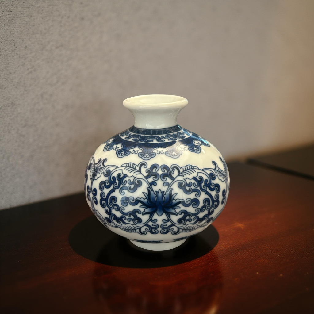Round Blue and White Small Ceramic Vase with Classic Floral Oriental Design