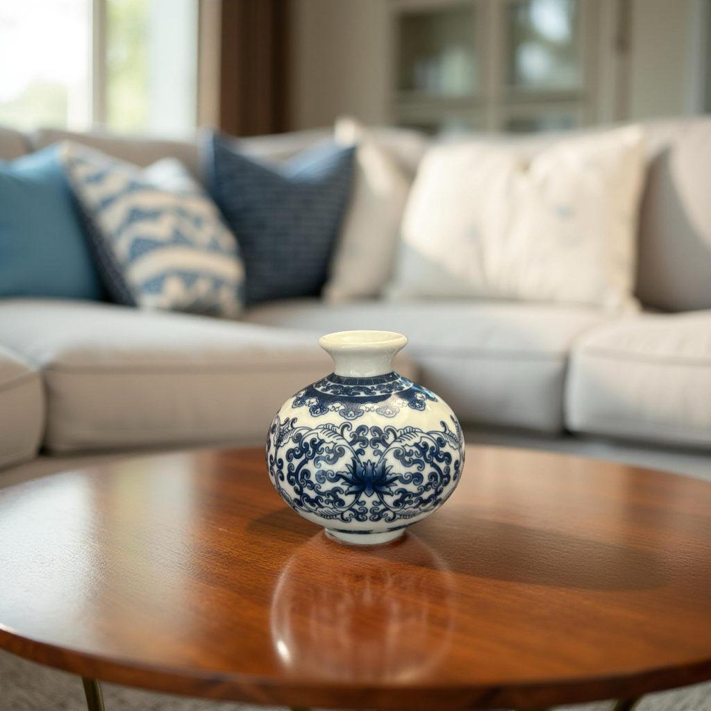 Round Blue and White Small Ceramic Vase with Classic Floral Oriental Design