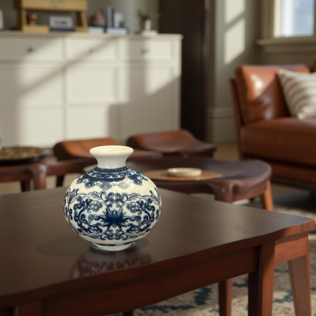 Round Blue and White Small Ceramic Vase with Classic Floral Oriental Design
