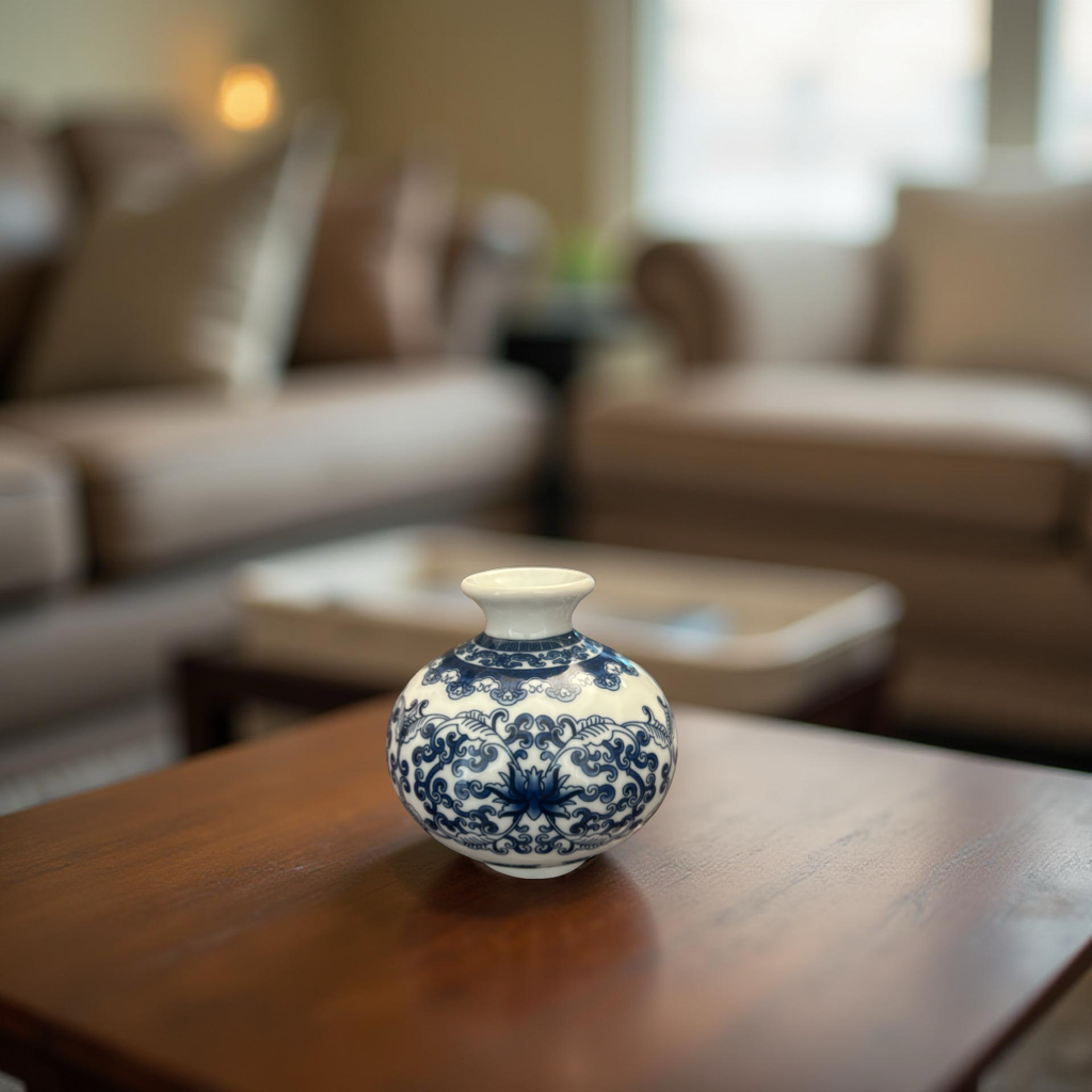 Round Blue and White Small Ceramic Vase with Classic Floral Oriental Design