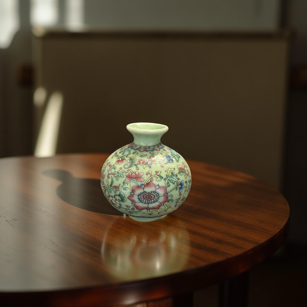 Round Ceramic Vase with Multicolor Floral Oriental Design