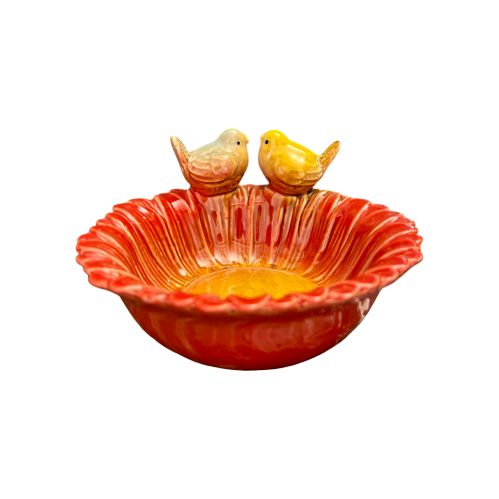 Ceramic Songbird Decorative Bowl – Handglased Fluted Dish with Perched Bird Figurines