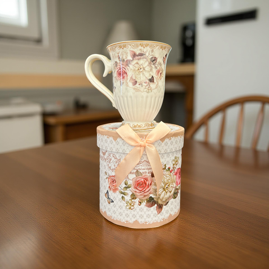 Elegant Floral Ceramic Mug with Gift Box – Vintage Tea & Coffee Mug