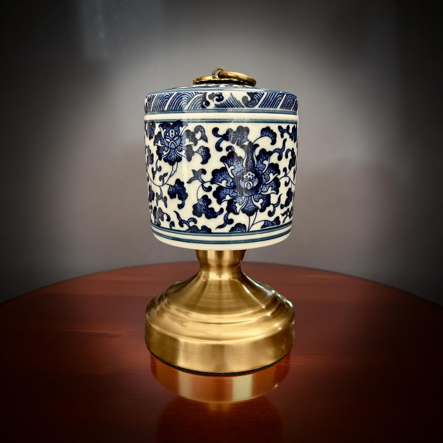 Luxury Blue & White Ceramic Jar with Brass Stand – Oriental Style Home Decor
