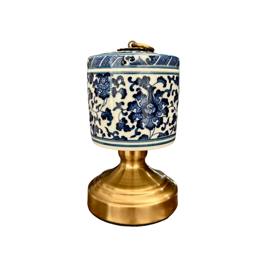 Luxury Blue & White Ceramic Jar with Brass Stand – Oriental Style Home Decor