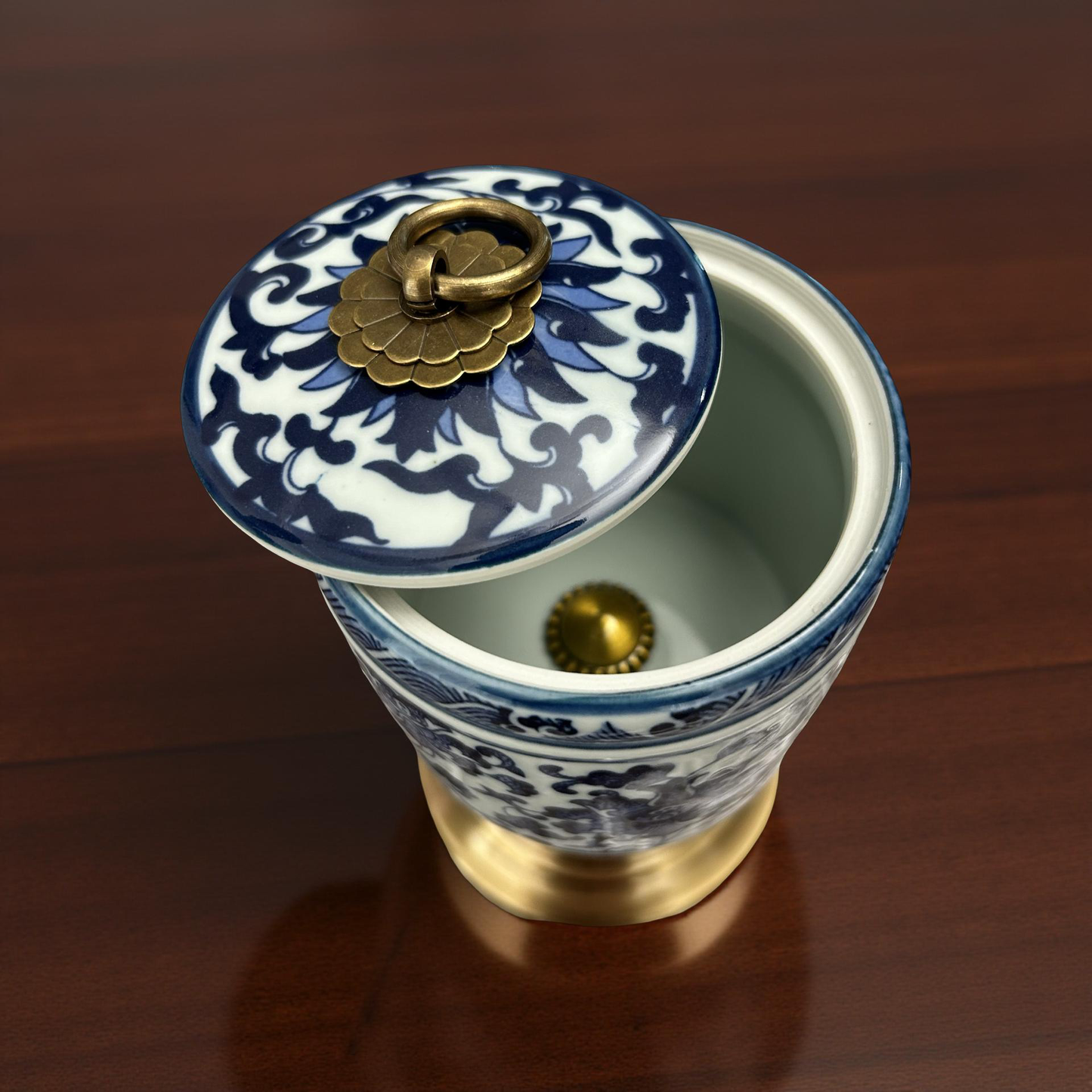 Luxury Blue & White Ceramic Jar with Brass Stand – Oriental Style Home Decor