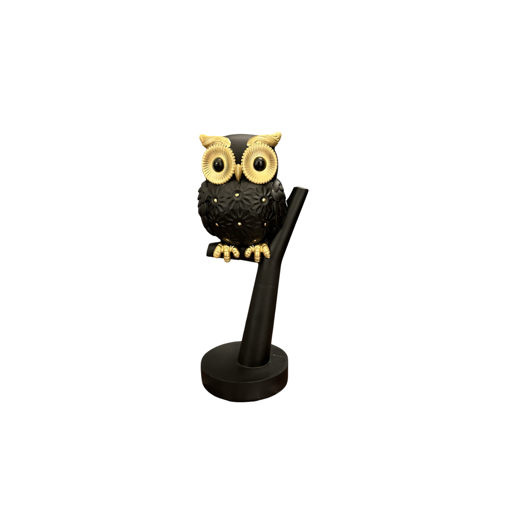 Elegant Black & Gold Owl Figurine on Branch – Modern Tabletop Decor