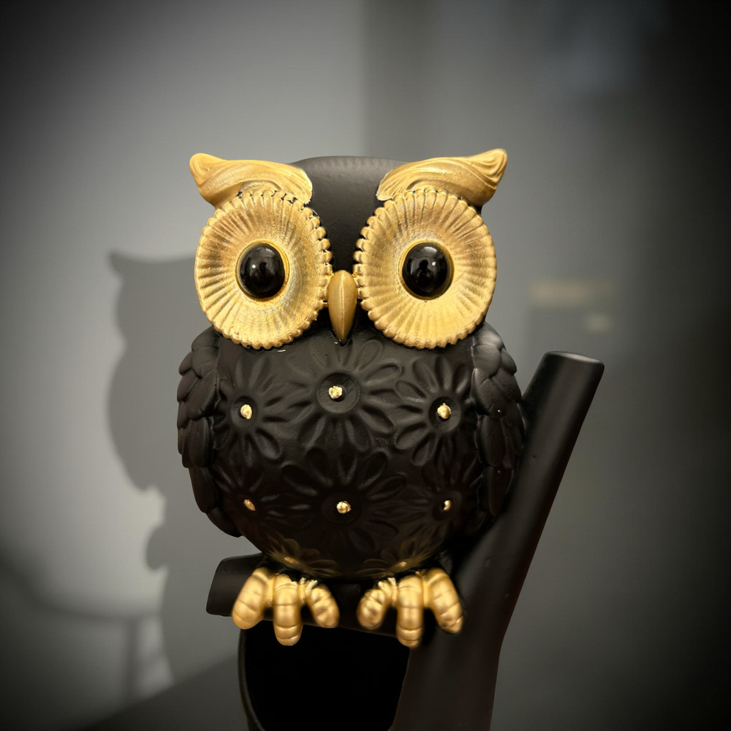 Elegant Black & Gold Owl Figurine on Branch – Modern Tabletop Decor