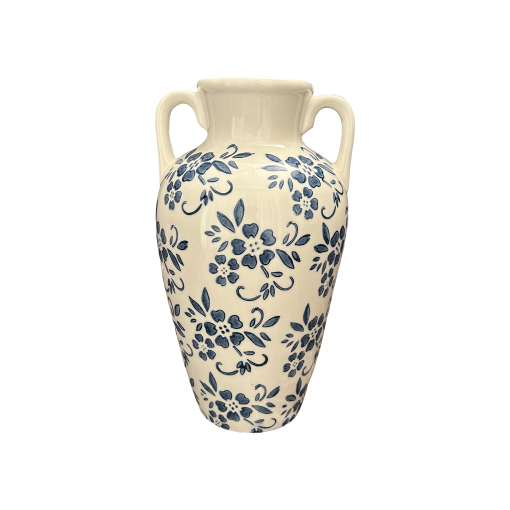 Classic Elegant Blue Floral Ceramic Vase with Handles