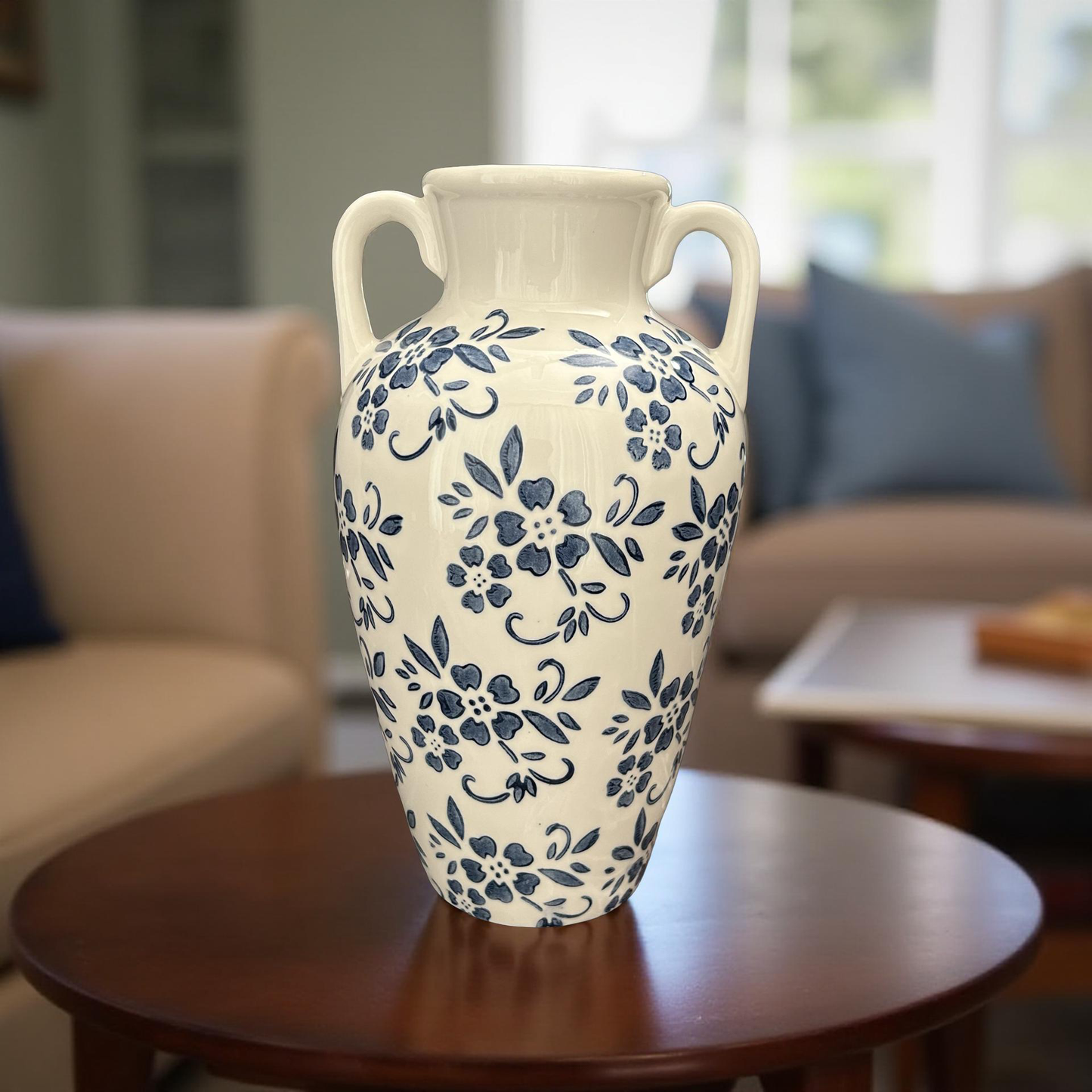 Classic Elegant Blue Floral Ceramic Vase with Handles
