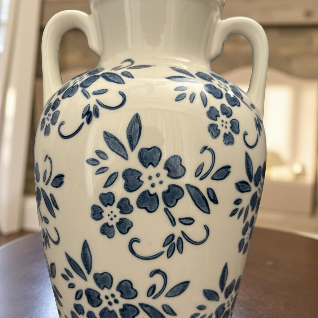 Classic Elegant Blue Floral Ceramic Vase with Handles