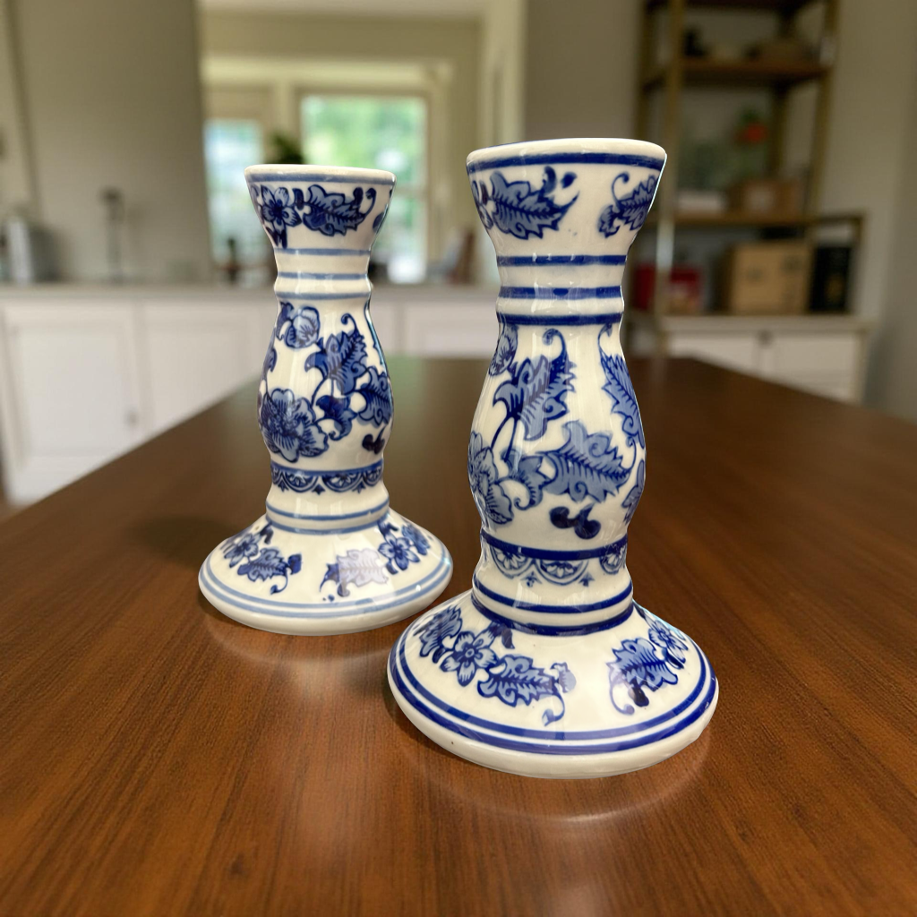 Elegant Blue & White Ceramic Candle Stand – Small