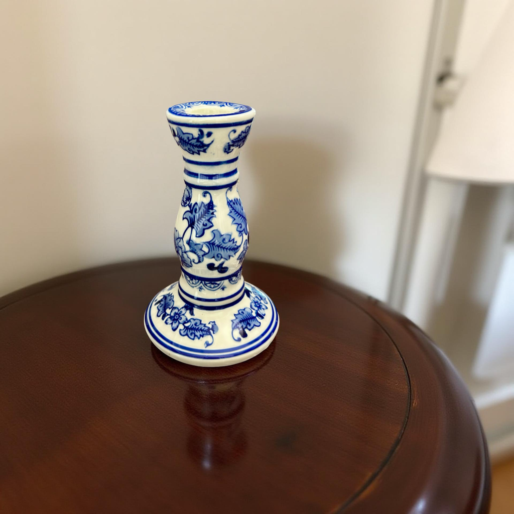 Elegant Blue & White Ceramic Candle Stand – Small