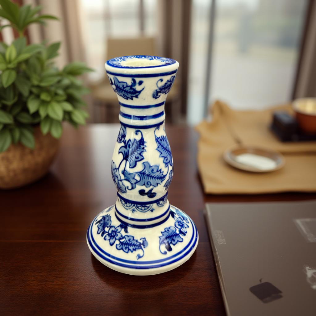 Elegant Blue & White Ceramic Candle Stand – Small