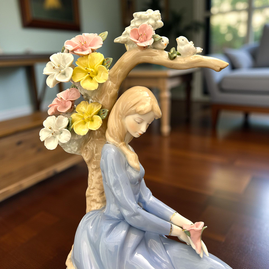 Elegant Girl Figurine with Flowers – Handcrafted Decorative Showpiece
