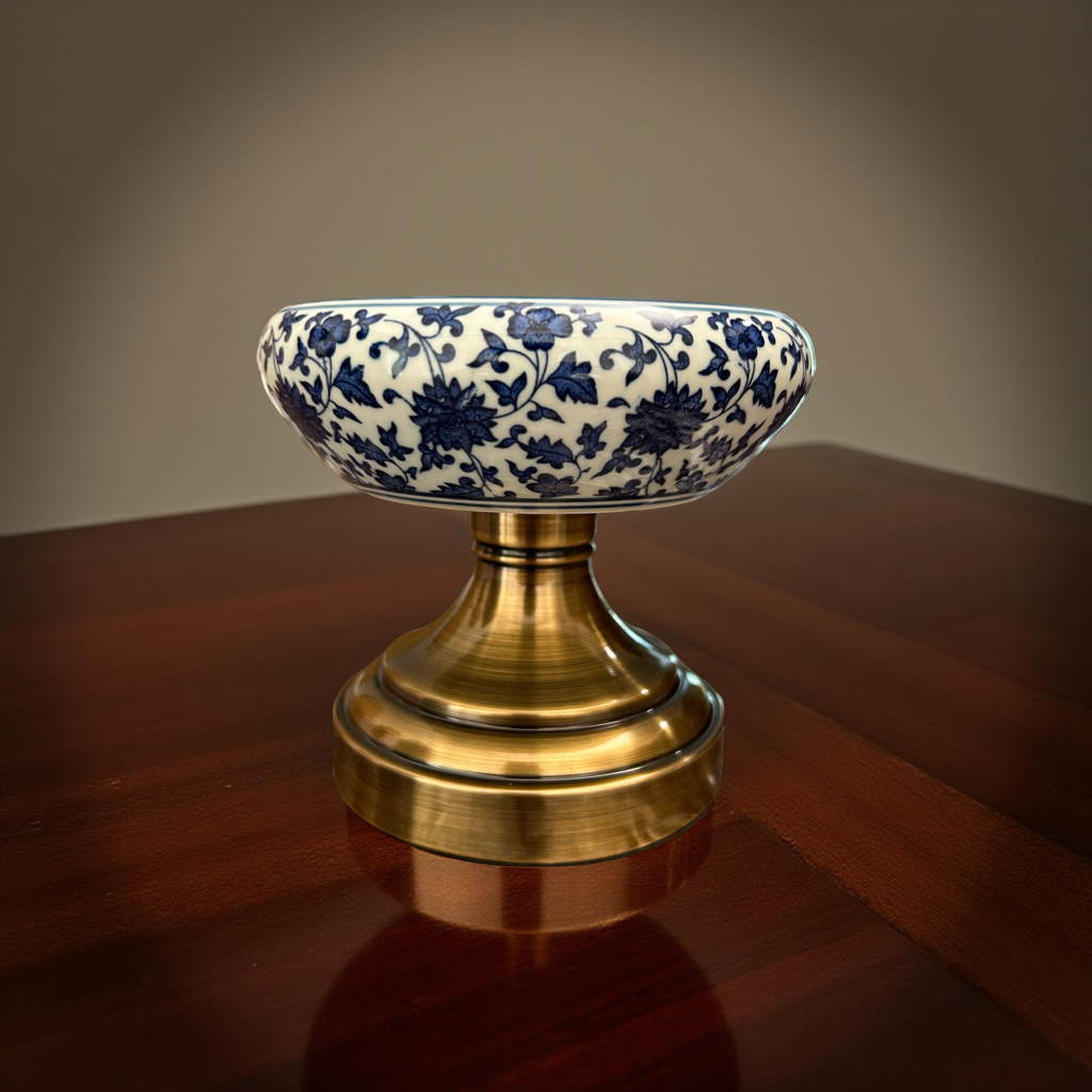 Blue Floral Ceramic Decorative Bowl on Brass Stand – Luxury Oriental Collection