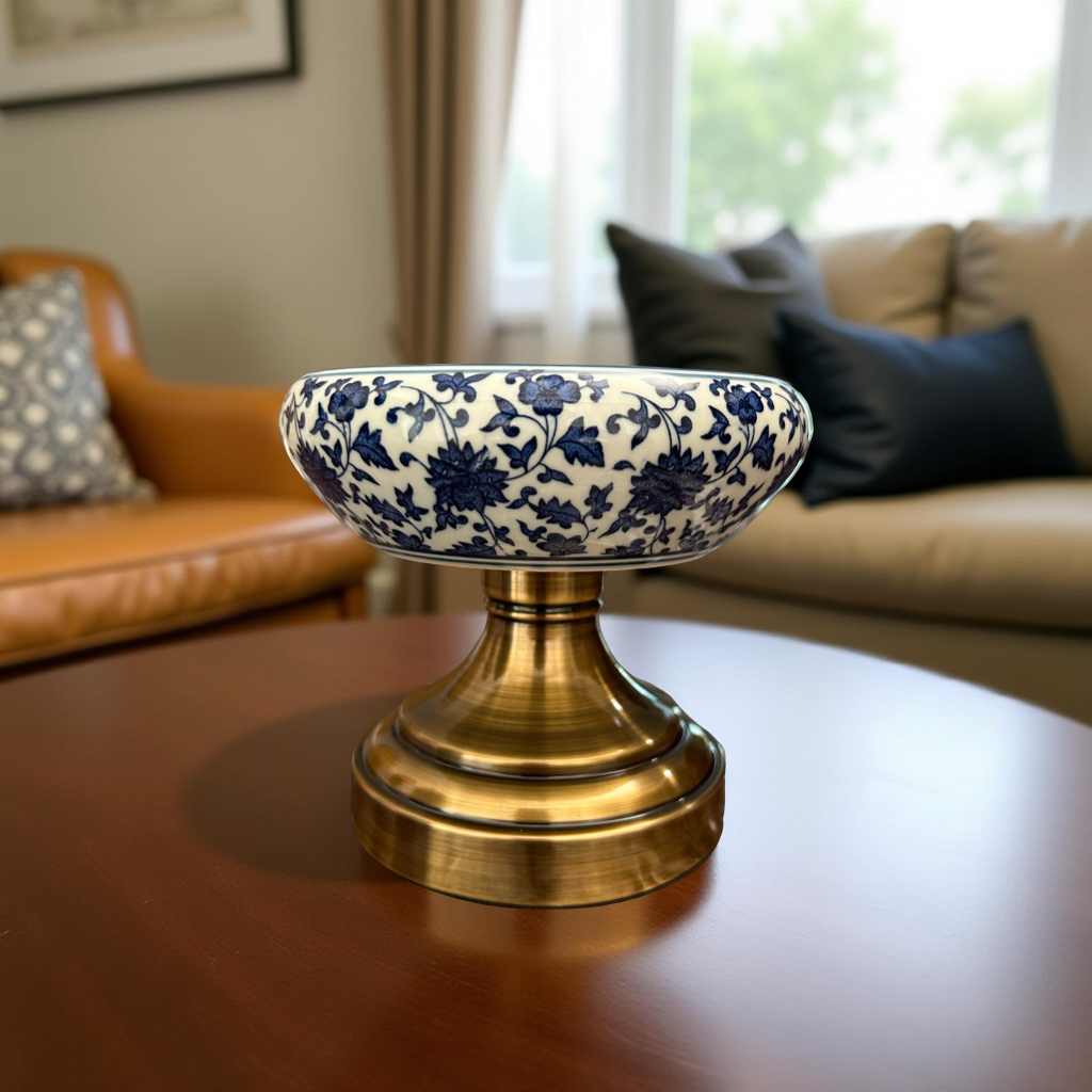 Blue Floral Ceramic Decorative Bowl on Brass Stand – Luxury Oriental Collection