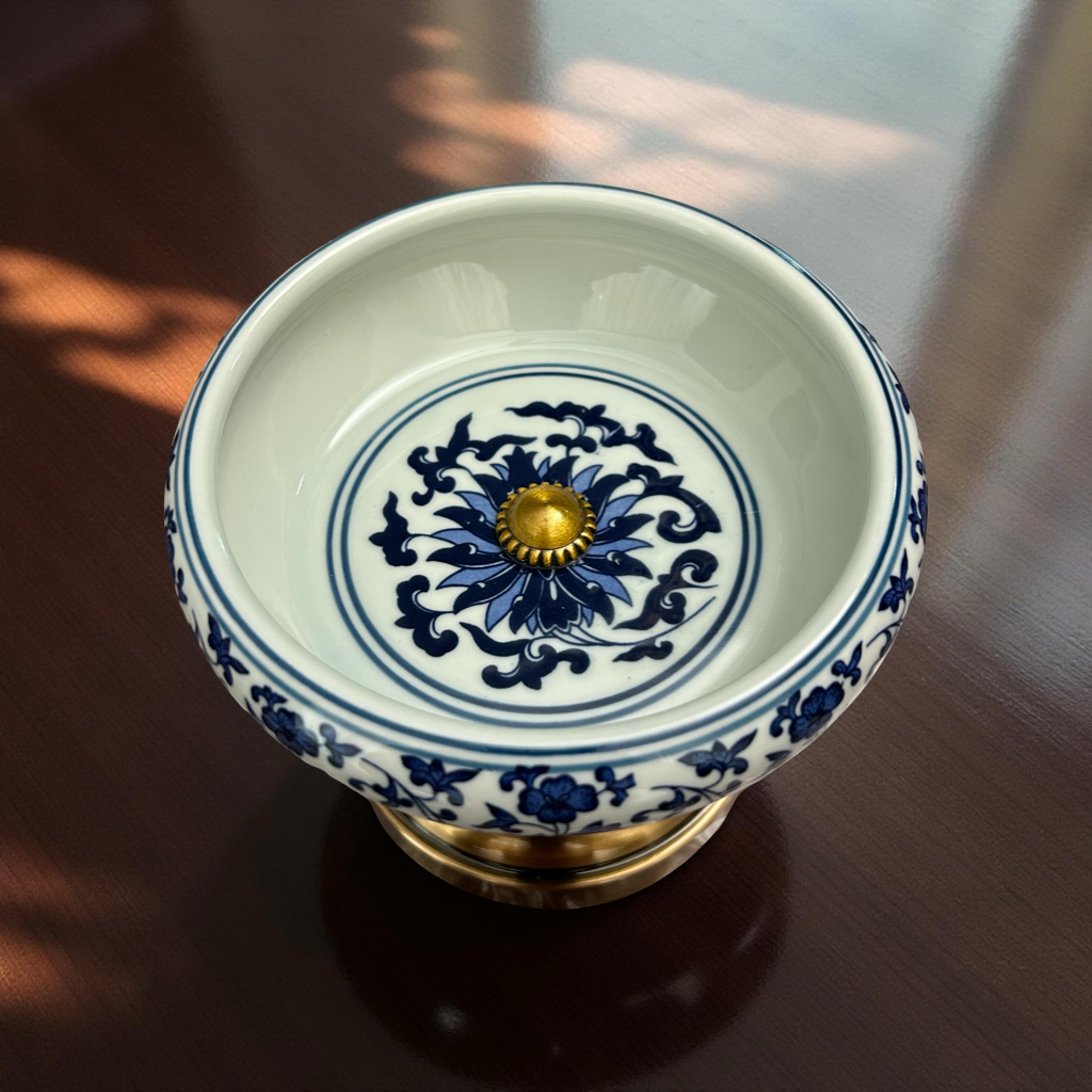 Blue Floral Ceramic Decorative Bowl on Brass Stand – Luxury Oriental Collection