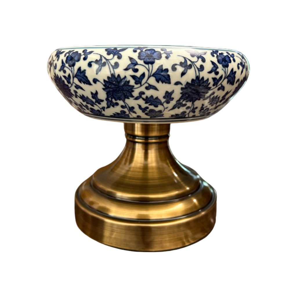 Blue Floral Ceramic Decorative Bowl on Brass Stand – Luxury Oriental Collection