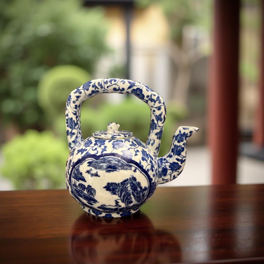 Oriental Blue & White Ceramic Teapot – Handcrafted Decorative Pottery