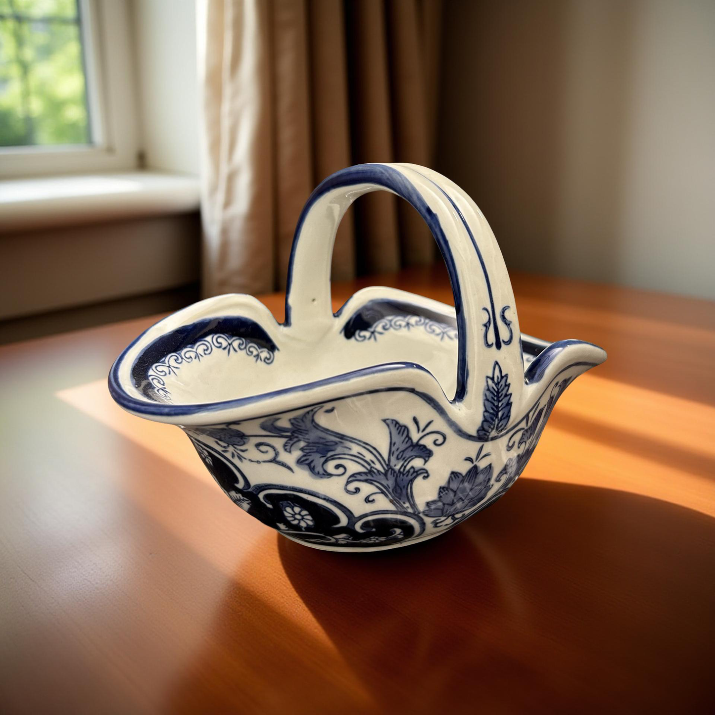 Oriental Handcrafted Blue & White Ceramic Decorative Basket