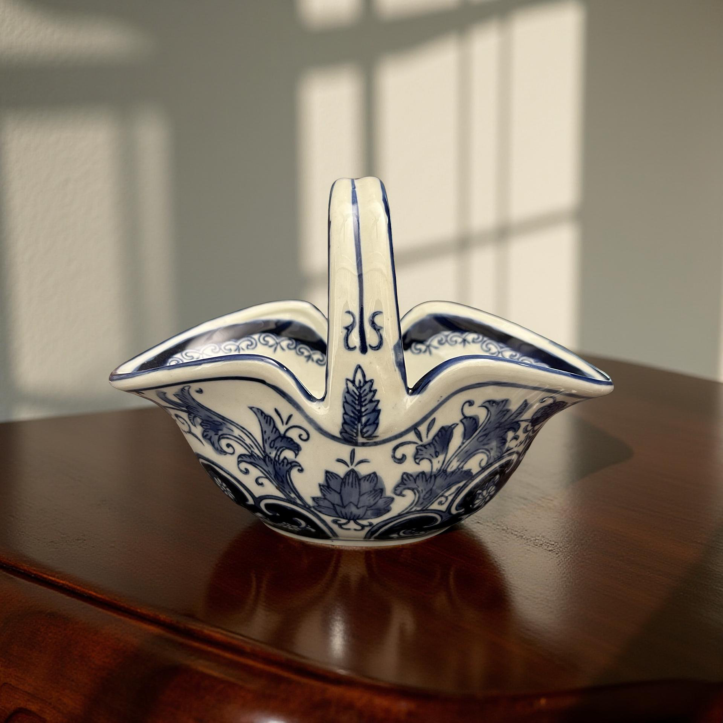 Oriental Handcrafted Blue & White Ceramic Decorative Basket
