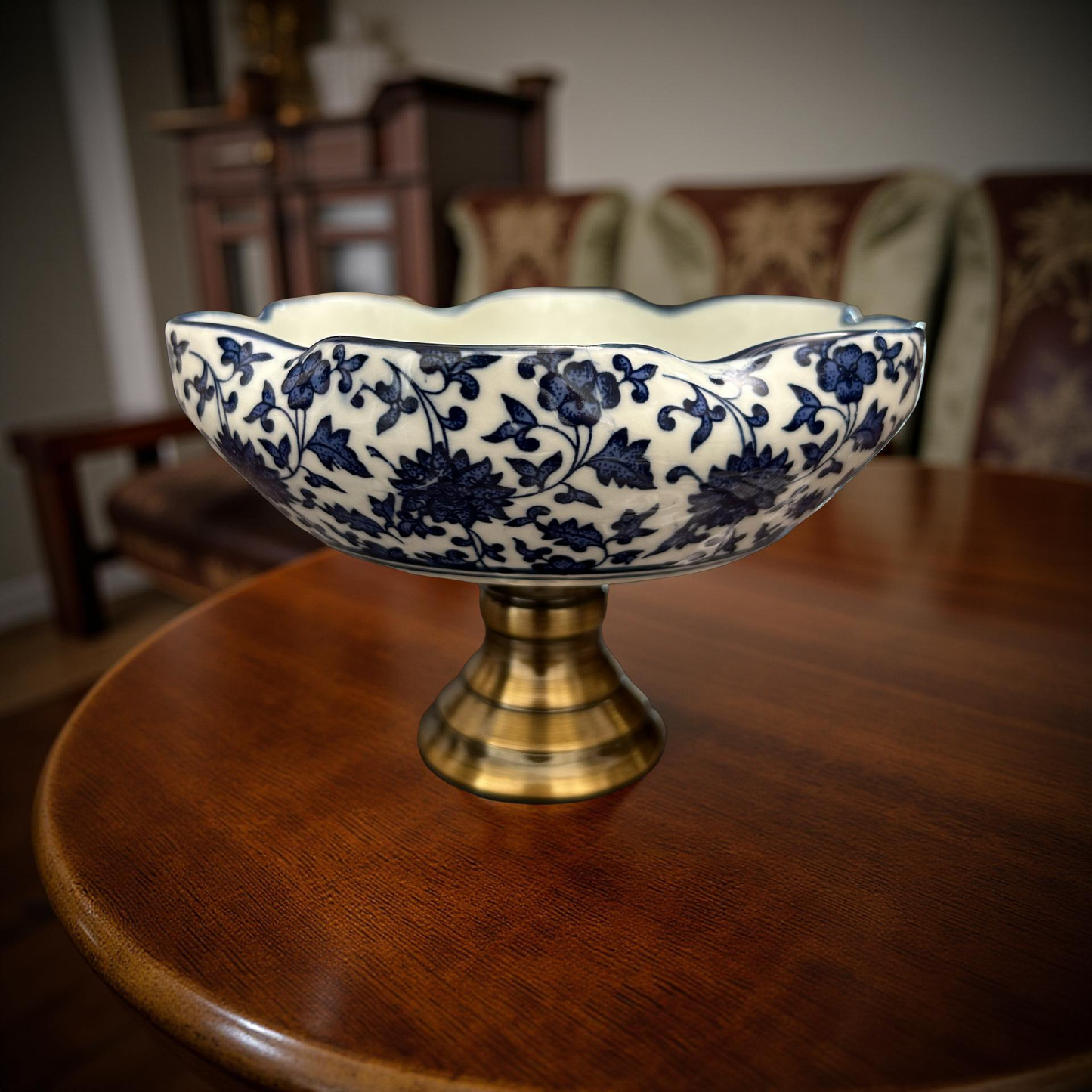 Oriental Blue and White Ceramic Pedestal Bowl with Brass Base