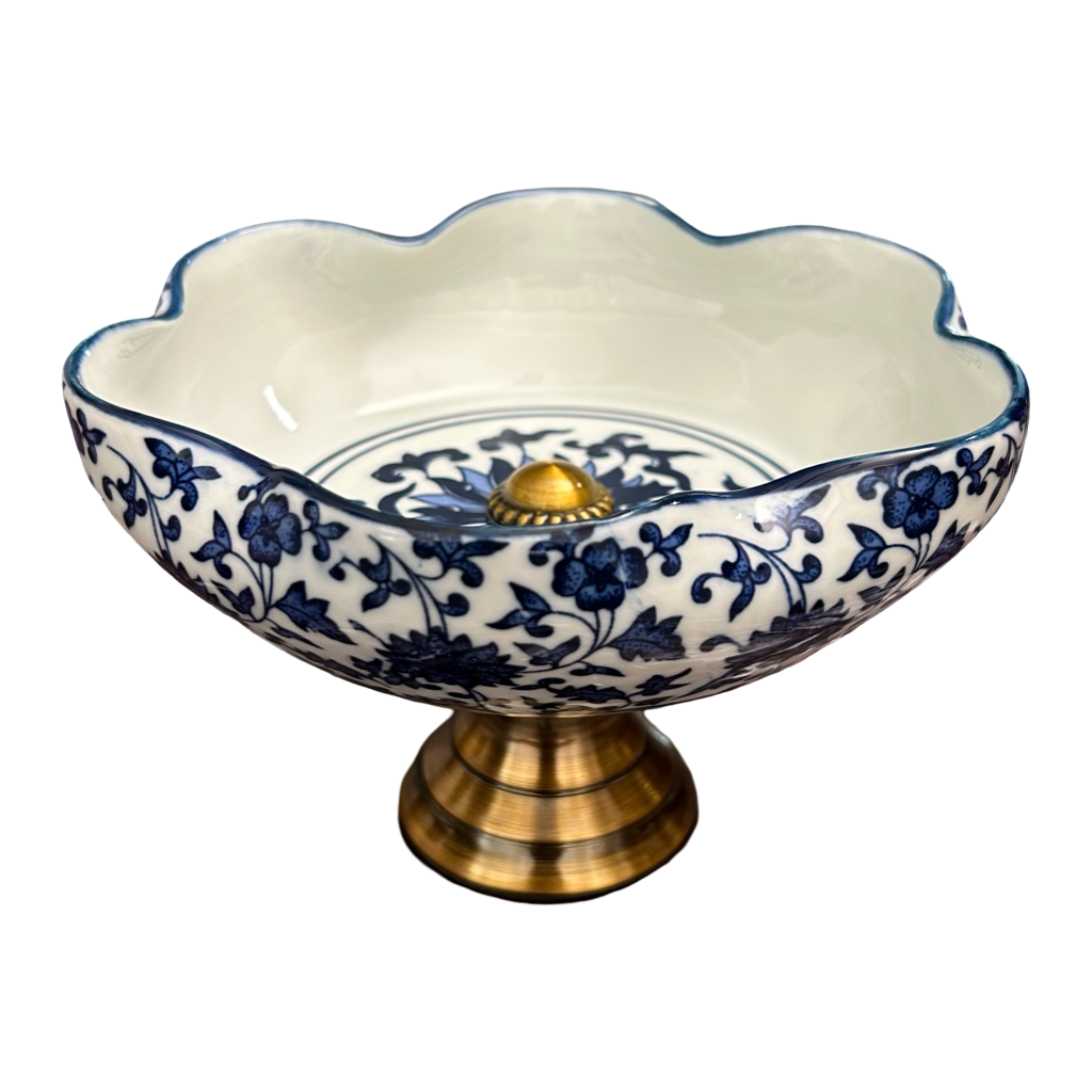 Oriental Blue and White Ceramic Pedestal Bowl with Brass Base