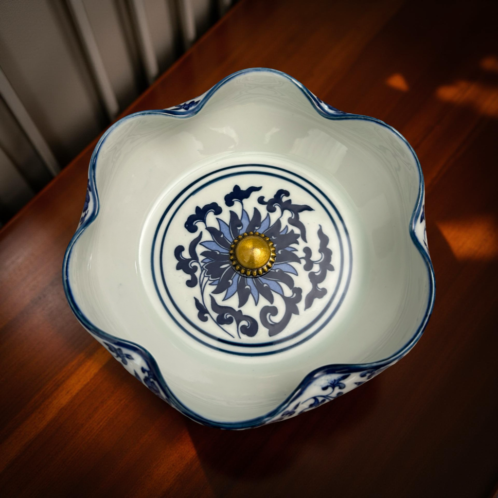 Oriental Blue and White Ceramic Pedestal Bowl with Brass Base