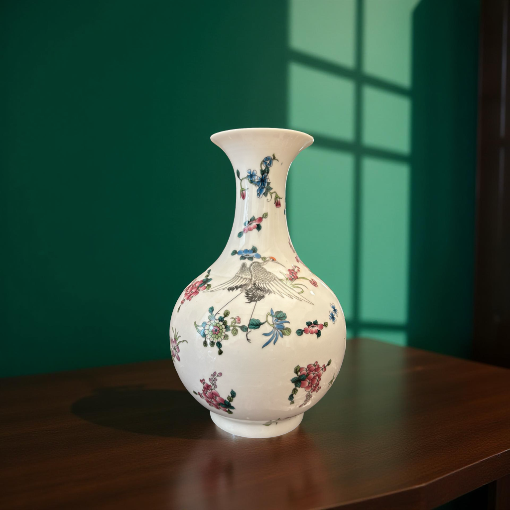 Handcrafted Ceramic Vase with Floral & Bird Design – Elegant Home Décor Showpiece