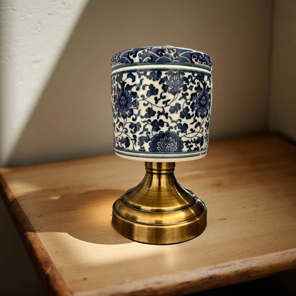 Blue & White Ceramic Jar with Brass Stand – Luxury Home Décor Accent