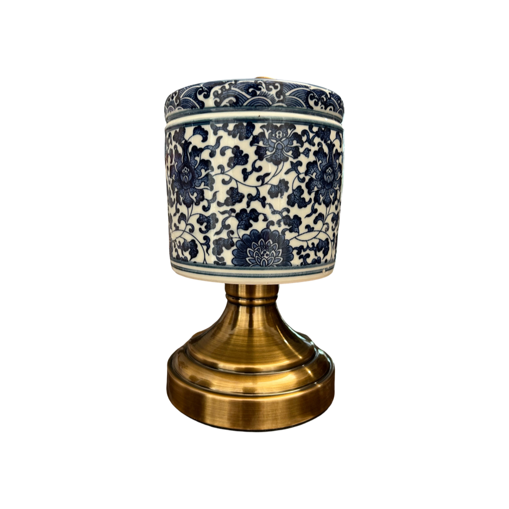 Blue & White Ceramic Jar with Brass Stand – Luxury Home Décor Accent