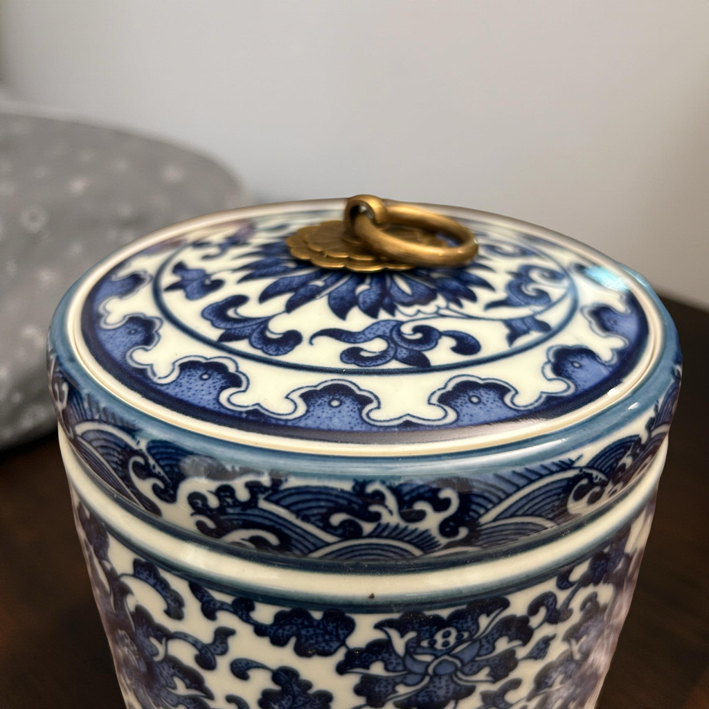 Blue & White Ceramic Jar with Brass Stand – Luxury Home Décor Accent