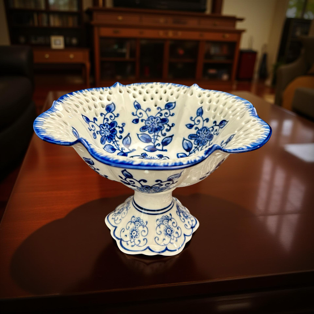 Oriental Blue & White Ceramic Pedestal Bowl – Handcrafted Decorative Fruit Bowl & Table Centerpiece