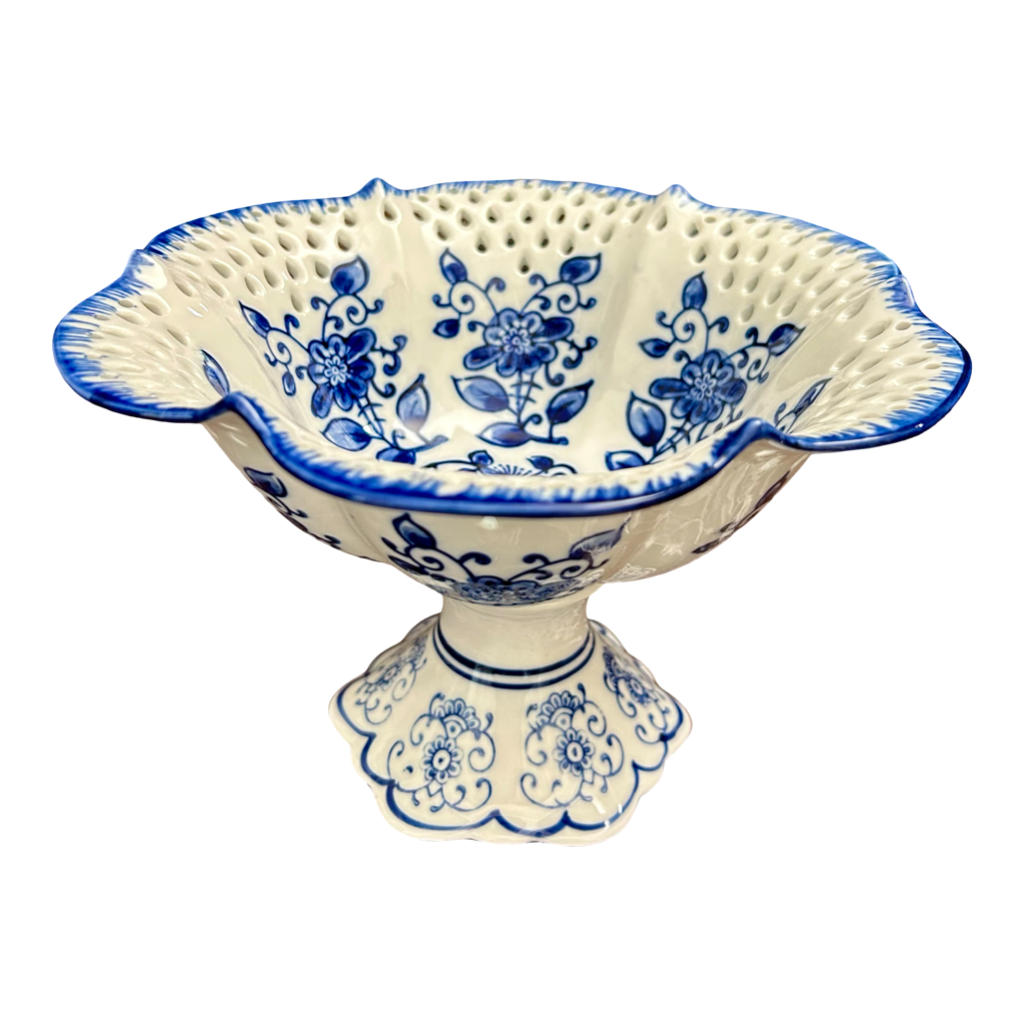 Oriental Blue & White Ceramic Pedestal Bowl – Handcrafted Decorative Fruit Bowl & Table Centerpiece
