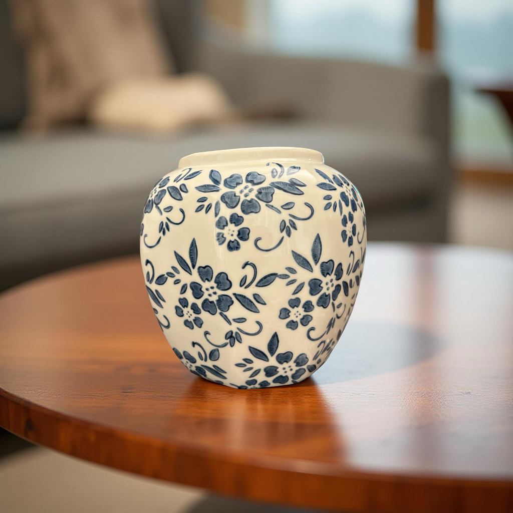 Blue & White Ceramic Vase with Floral Design – Decorative Home Décor Accent
