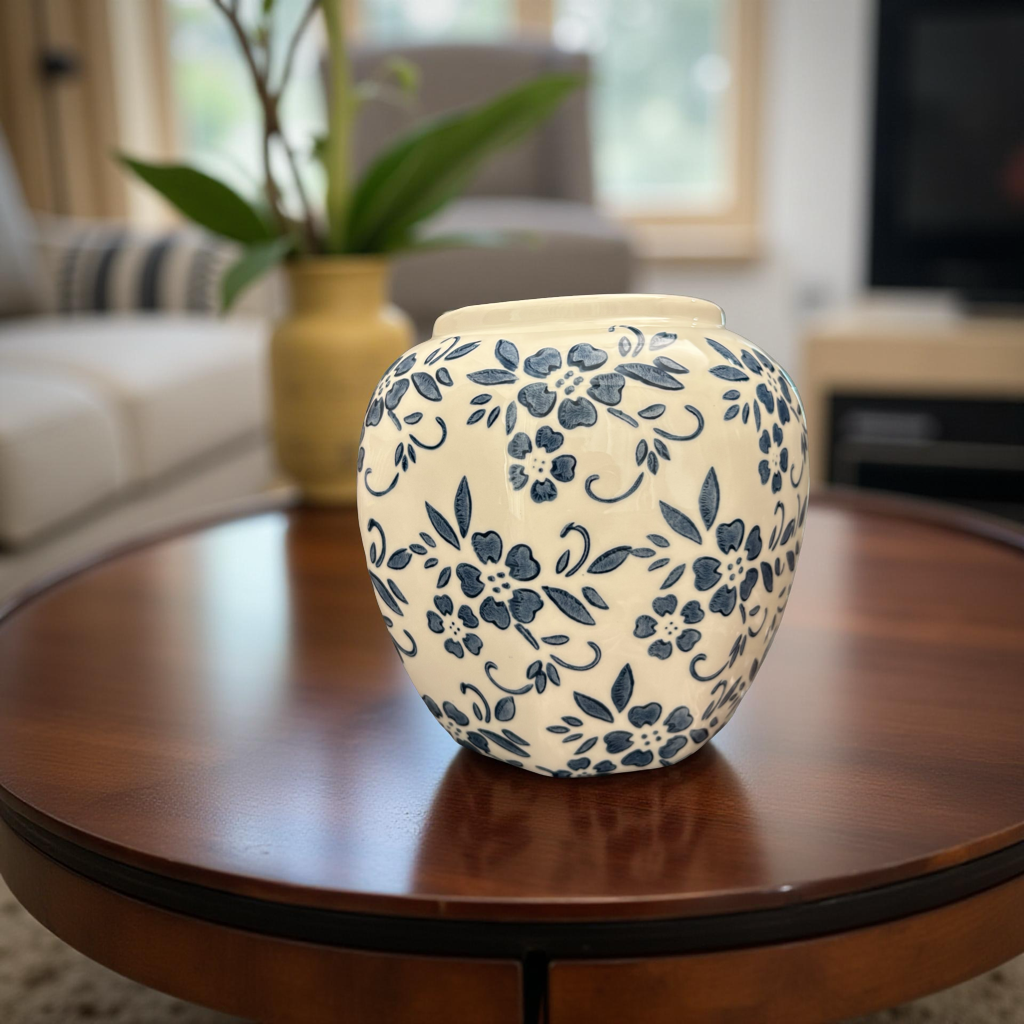 Blue & White Ceramic Vase with Floral Design – Decorative Home Décor Accent