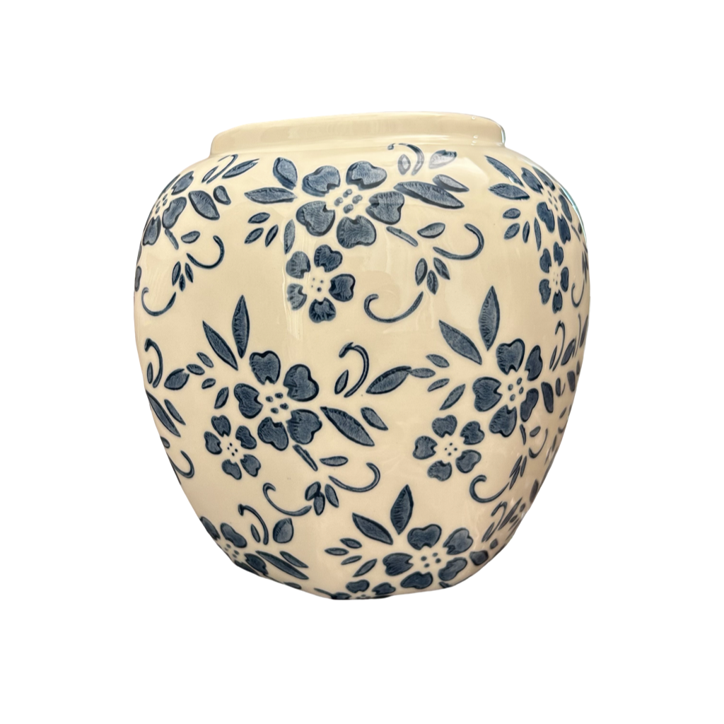 Blue & White Ceramic Vase with Floral Design – Decorative Home Décor Accent