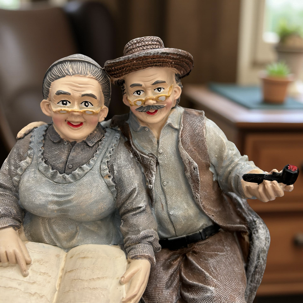 Elderly Couple Figurine – Vintage Resin Statue of Grandpa and Grandma Reading Together