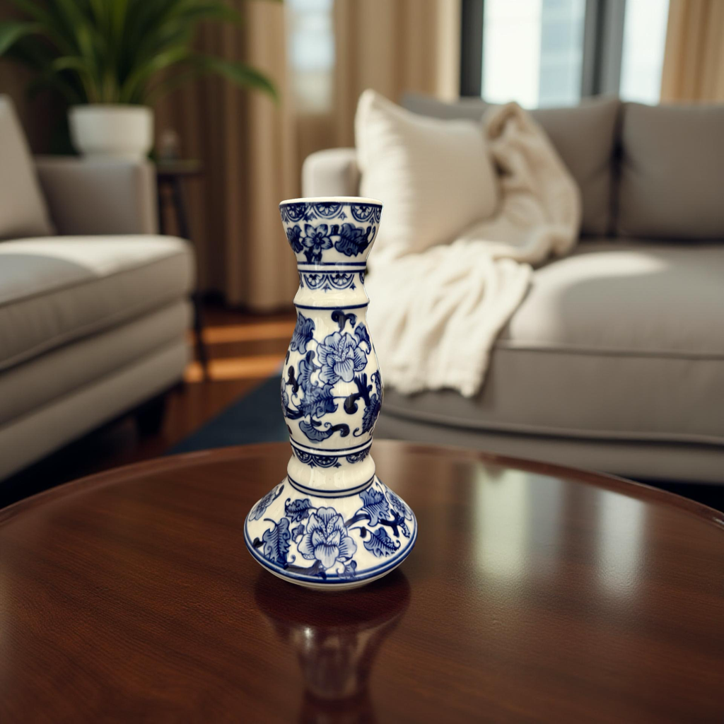 Elegant Blue & White Ceramic Candle Stand – Medium