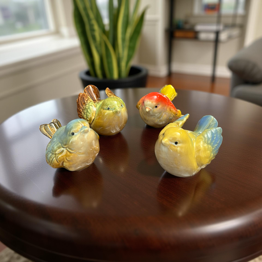 Set of 4 Colorful Ceramic Songbirds Figurines – Handcrafted Home Décor Showpieces
