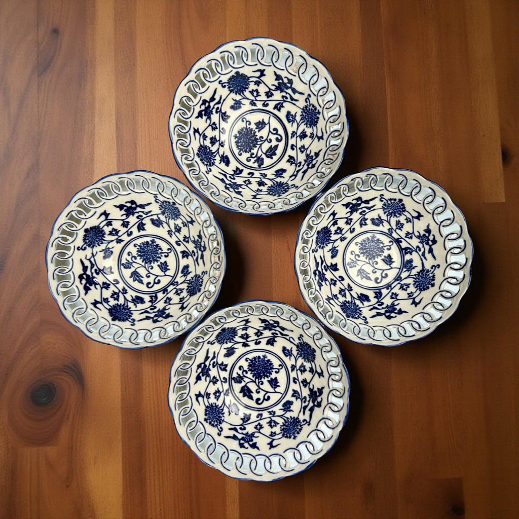 Oriental Blue & White Ceramic Decorative Plate with Cutwork