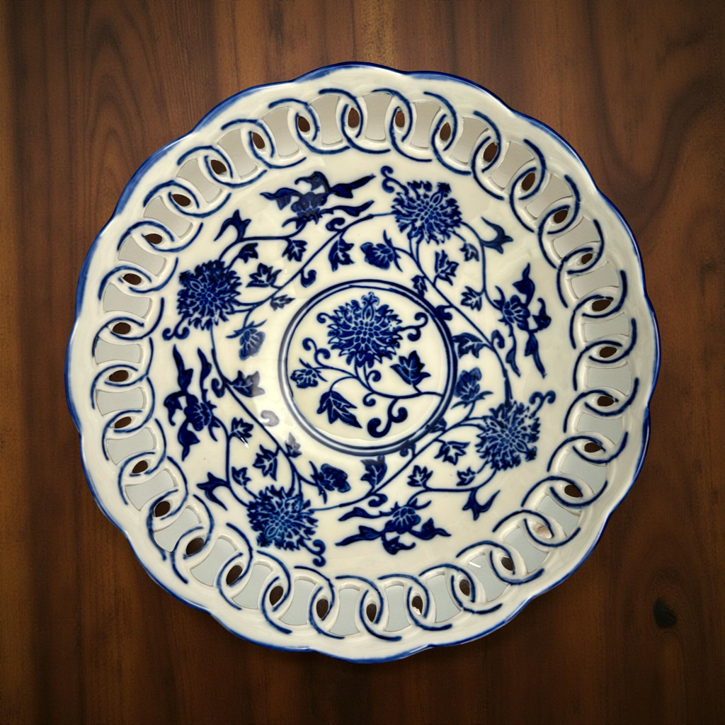 Oriental Blue & White Ceramic Decorative Plate with Cutwork