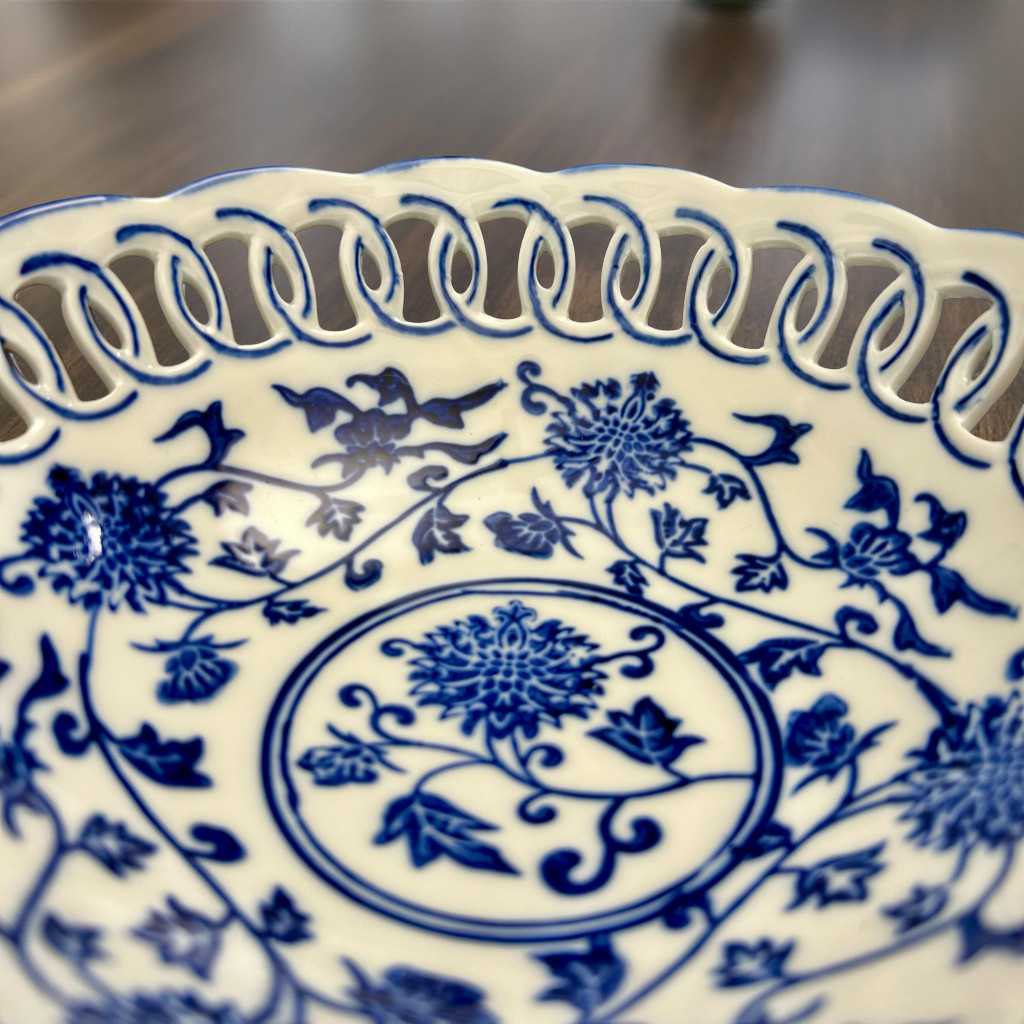 Oriental Blue & White Ceramic Decorative Plate with Cutwork
