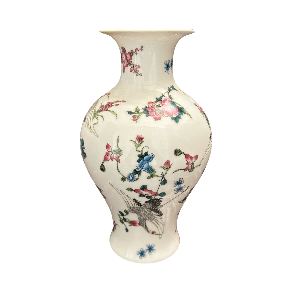 Handcrafted Ceramic Vase with Floral & Bird Motifs – Elegant Decorative Showpiece