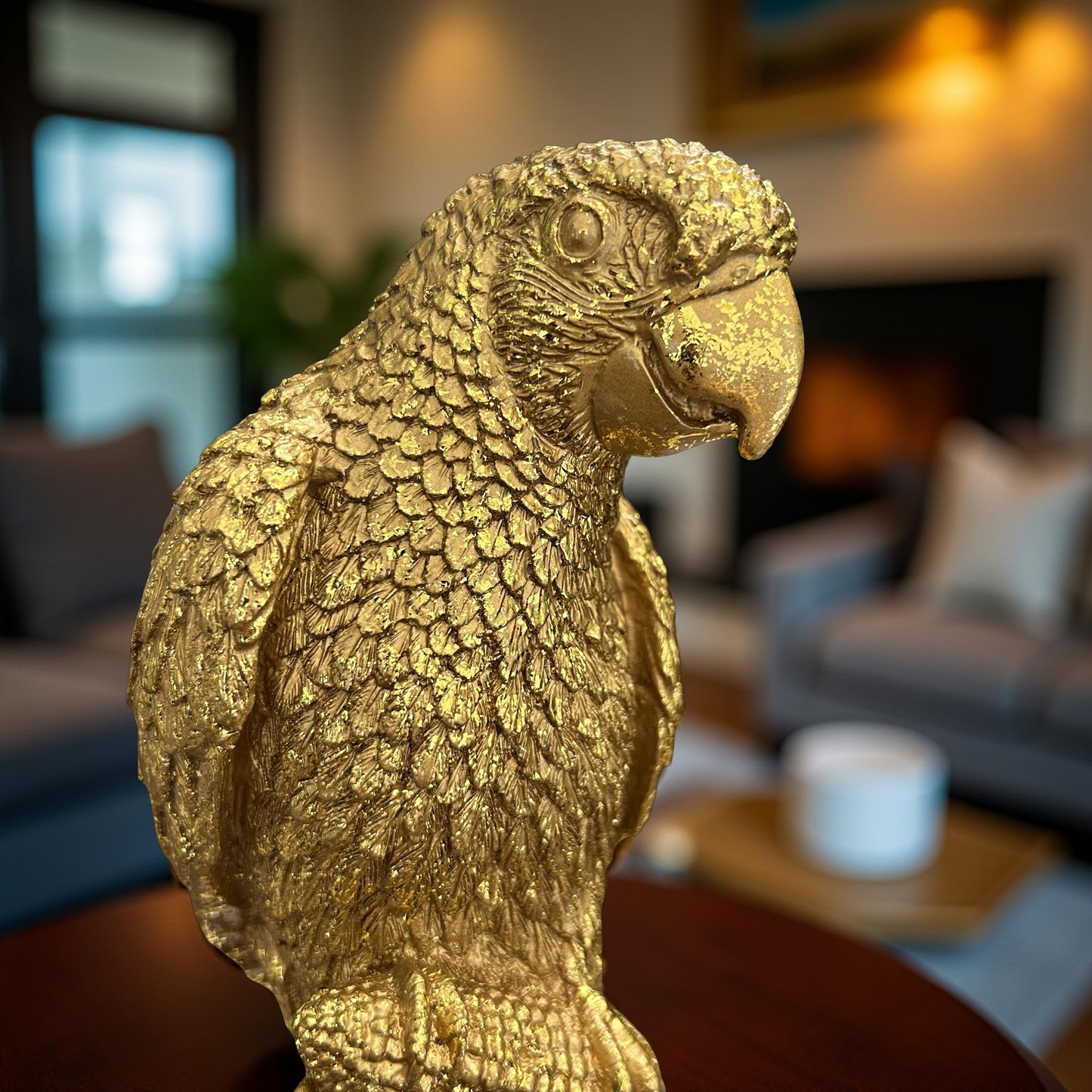 Golden Parrot Figurine on Pedestal – Luxury Decorative Showpiece for Home & Office