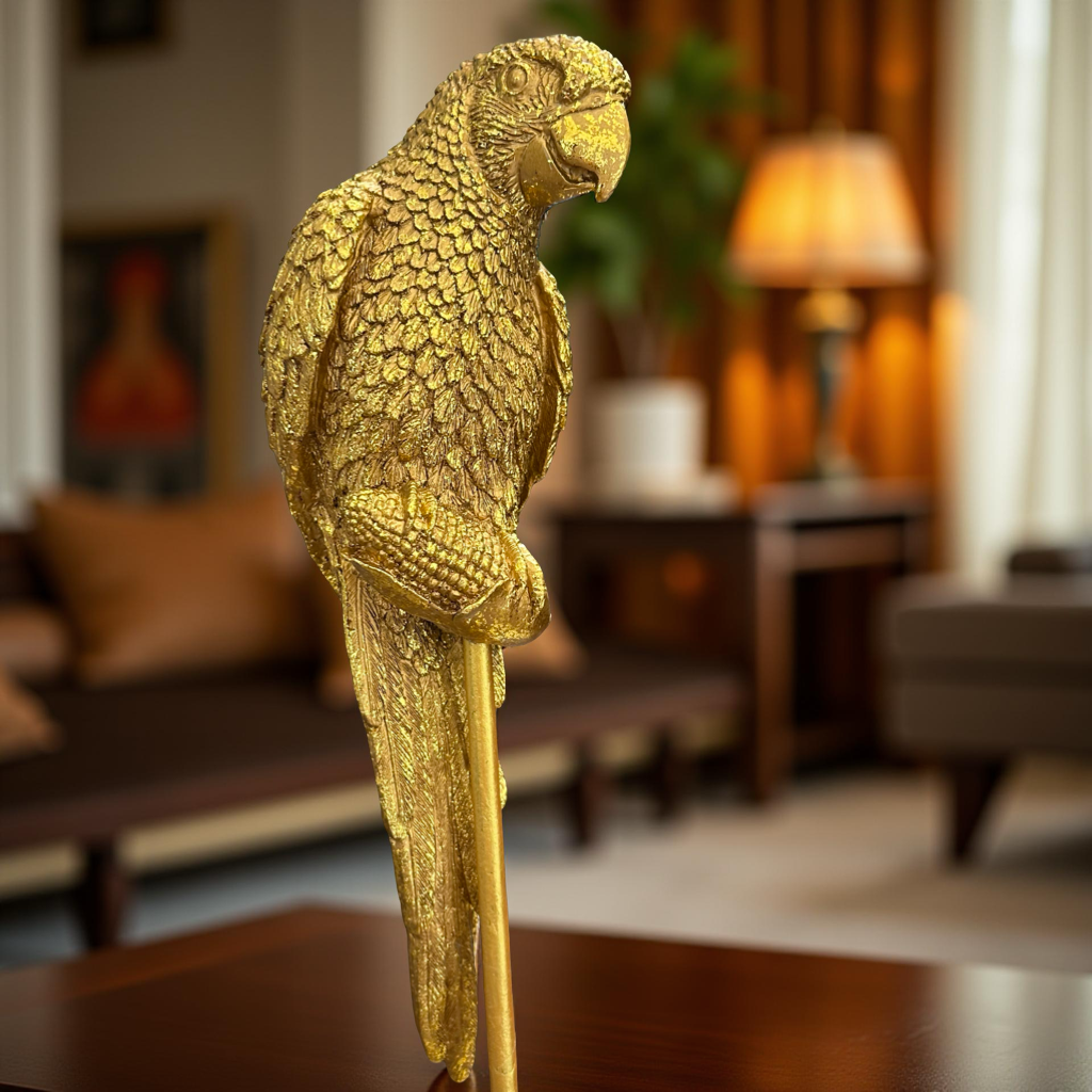 Golden Parrot Figurine on Pedestal – Luxury Decorative Showpiece for Home & Office